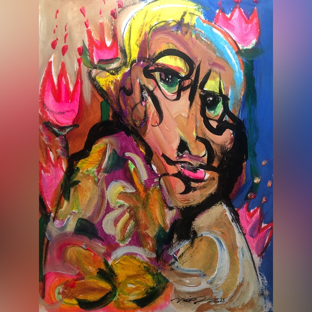 Original character pop art painting ink drawing signed “Desiree” 9x14” acrylic - Picture 2 of 3